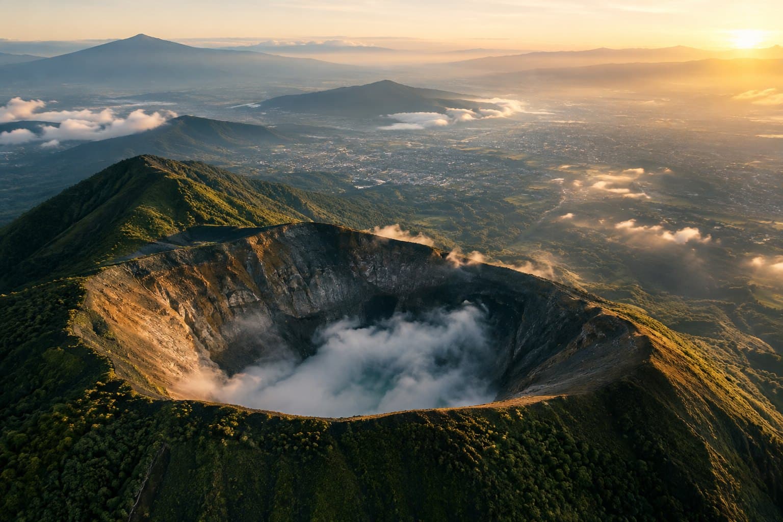 Cráter de un volcán salvadoreño al amanecer, con la ciudad en el valle