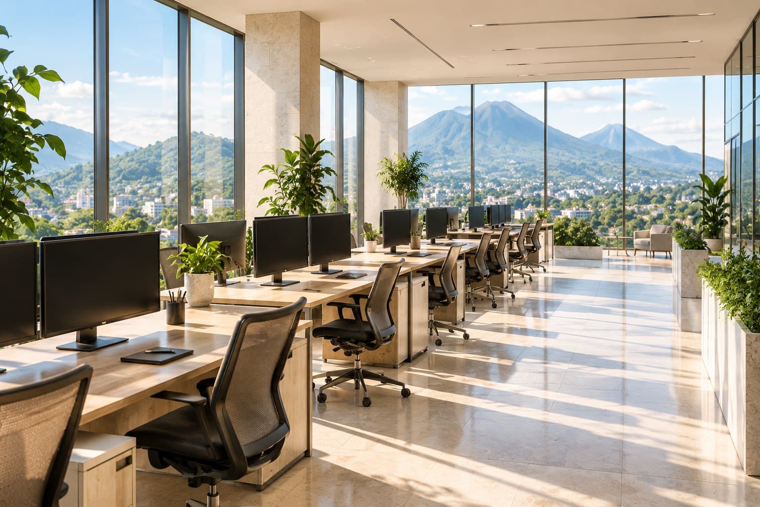 Sala de analistas con ventanales y volcanes al fondo