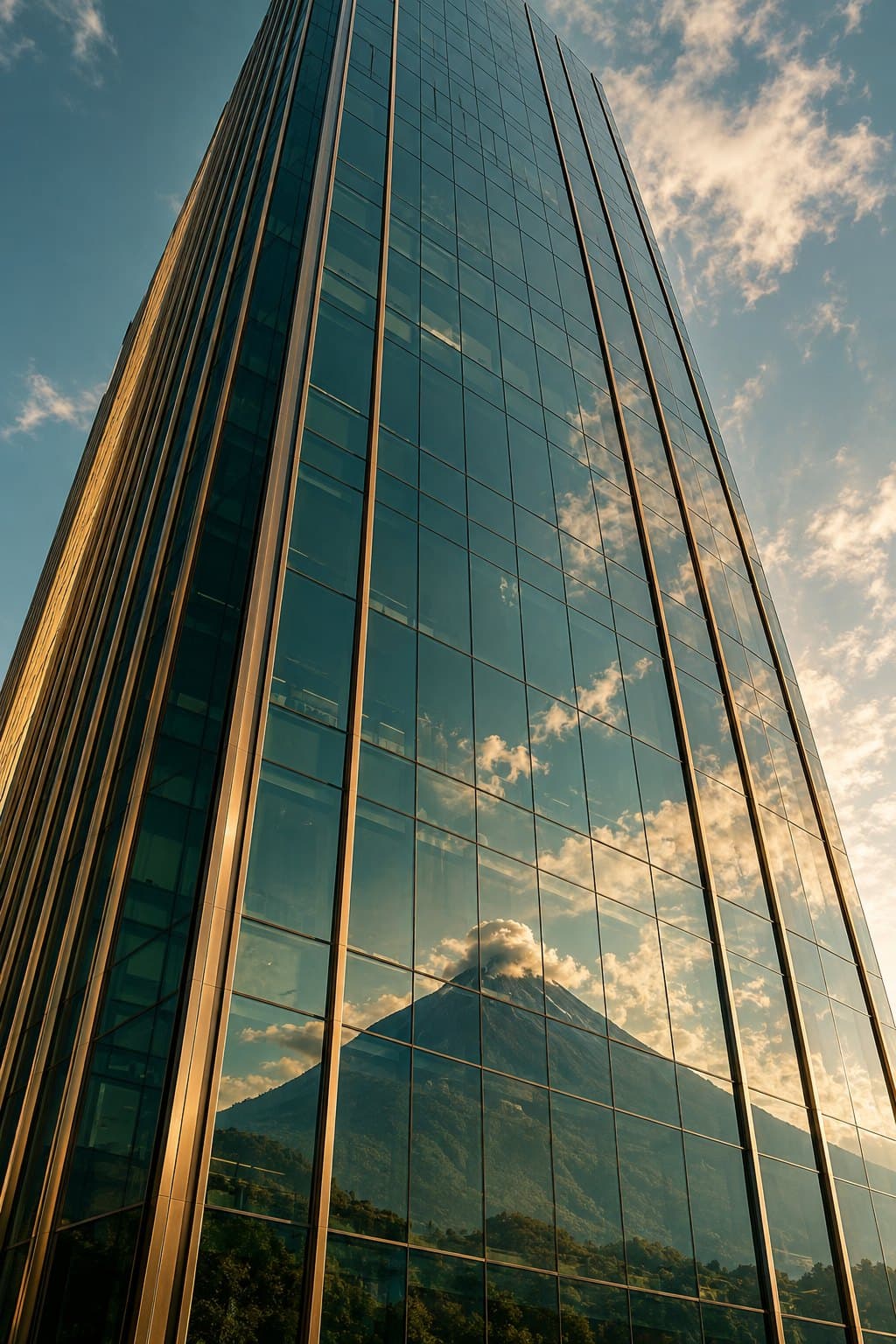 Torre de cristal que refleja un volcán