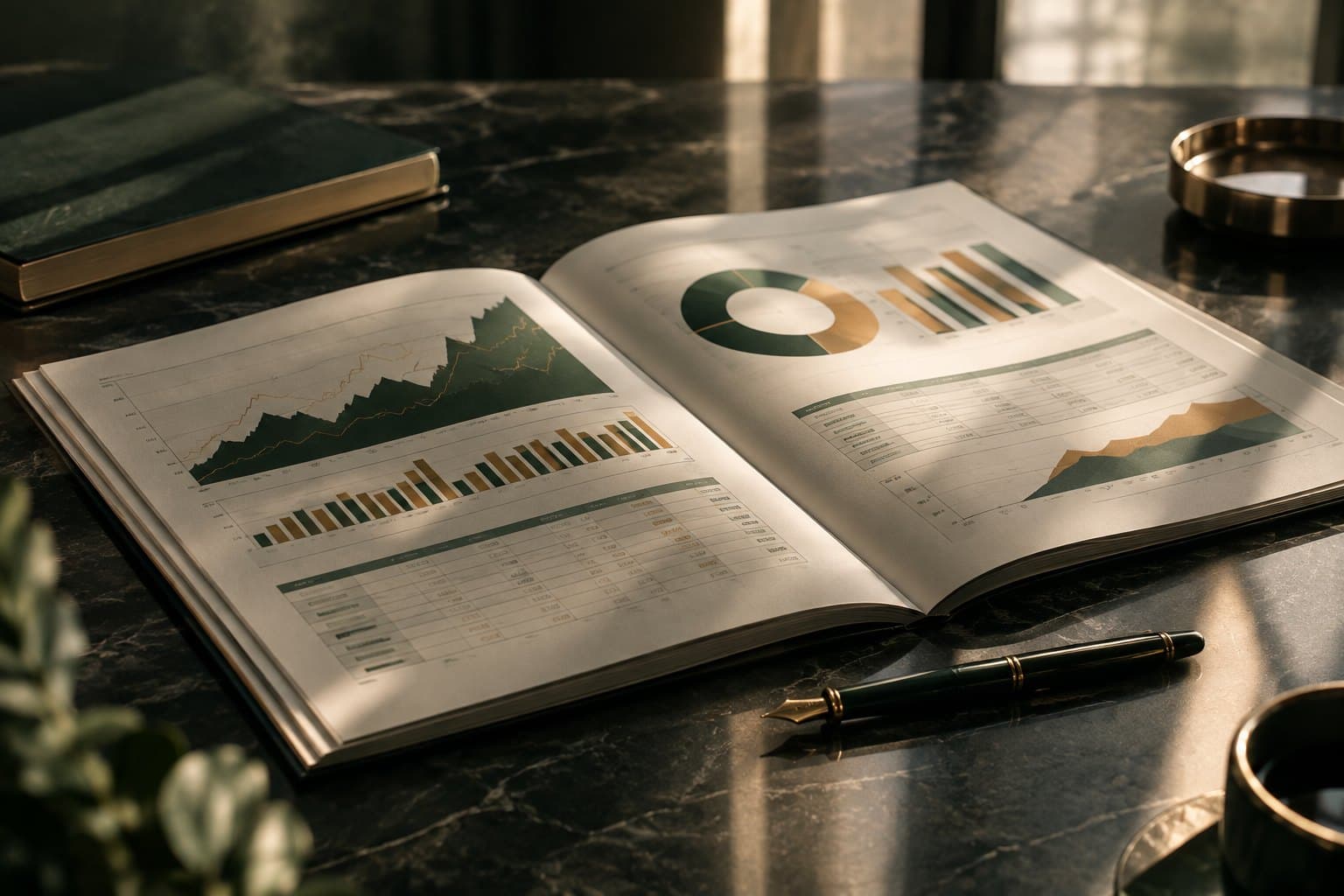 Informe económico abierto sobre una mesa de mármol